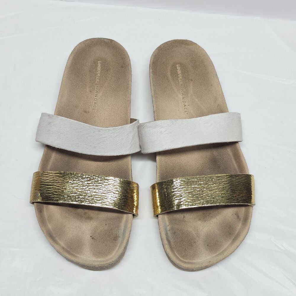 Loeffler Randall Paz Slide Sandals Size 10 White Calf Fur Gold Band Leather AsIs